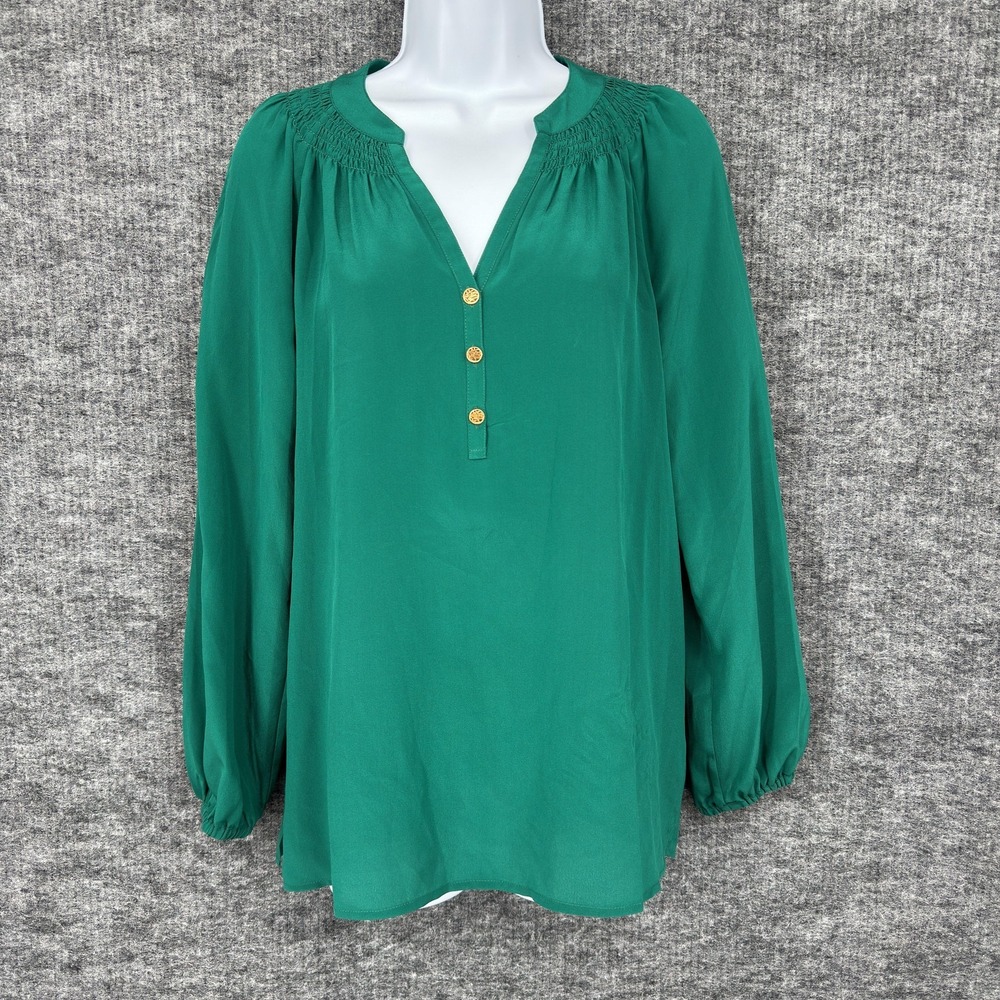 Lilly Pulitzer Blouse Womens XS‎ Green 100% Silk Henley Long Sleeve Tunic